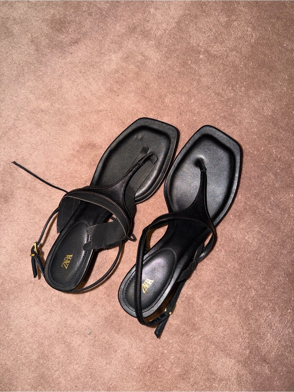 ZARA Black Square-Toe Thong Strap Sandals